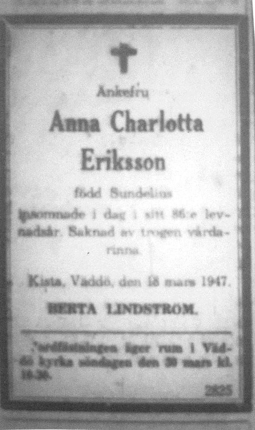 Dödsannons Anna Charlotta Eriksson